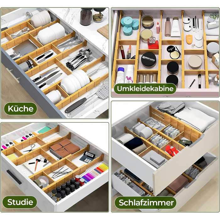 ABSOFINE Adjustable Drawer Dividers (43-56CM), 6 Pack Drawer Organizers with Inserts, Stackable Non-Slip Drawer Dividers for Kitchen, Closet, Dresser, Office, Bedroom