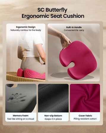 Ортопедична подушка для сидіння ProtoArc для офісного крісла: ергономічна, з піною Memory Foam, для рівномірного розподілу тиску, для комфорту протягом дня (Рожева, велика)