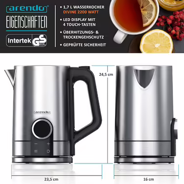 Arendo - Stainless Steel Kettle with Temperature Setting 40-100 Degrees - LED Display - Model DIVINE - 1.7 Liter - 2200 W - Tea Kettle with Temperature Indicator - GS