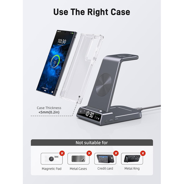 Бездротовий зарядний пристрій для Samsung Galaxy: зарядка для S25 Ultra, Watch Ultra/8/7/6, S24 Z Fold 6/Z Flip 6, Buds (сірий)