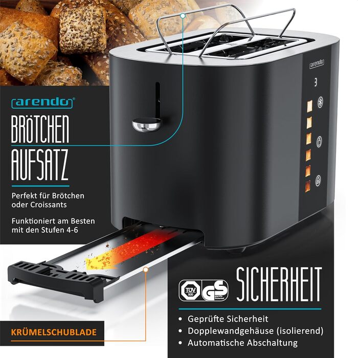 Тостер Arendo з нержавіючої сталі, 2 відділення, сенсорний екран, подвійні стінки, 800 Вт, підставка для тостів, 6 рівнів підсмажування, центрування хліба, індикатор часу, функція пам'яті, колір: чорний