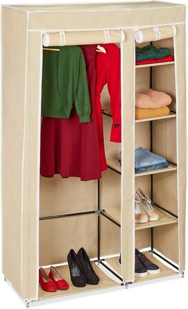 Relaxdays Fabric Wardrobe with Clothes Rail & 5 Compartments, HBT: 174 x 107 x 42.5 cm, Sturdy Folding Wardrobe with Cover, Beige