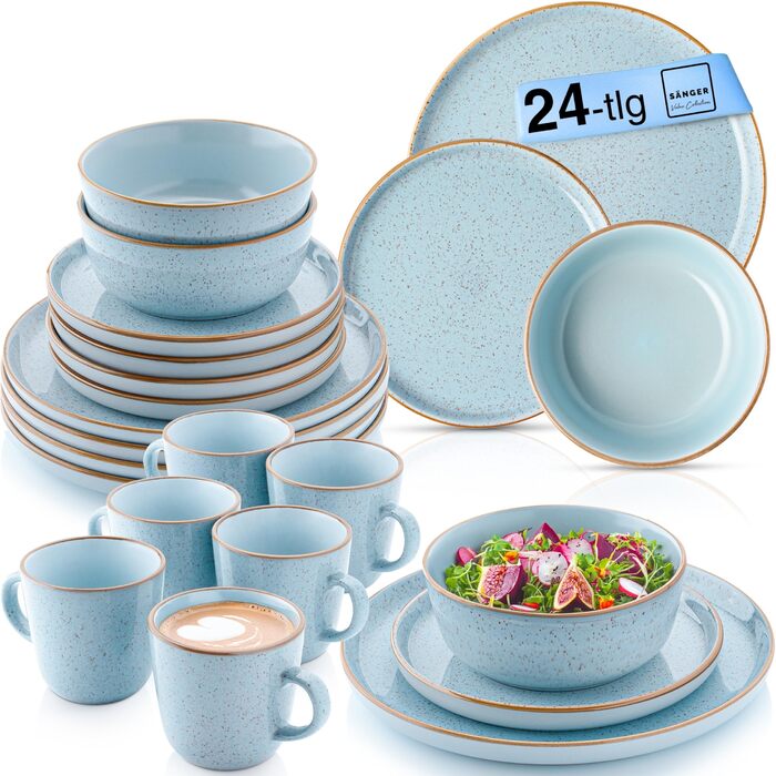 Набір посуду SÄNGER Rio, 24 елементи, керамічний посуд для 6 осіб (6 тарілок, 6 тарілок для сніданку, 6 глибоких тарілок, 6 мисок для пасти), блакитний колір, VALUE COLLECTION (Lagune)