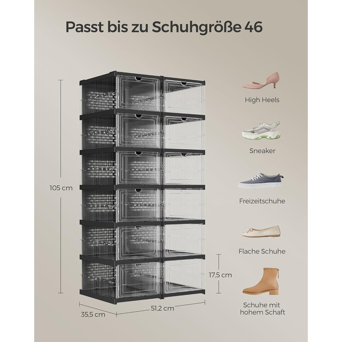 SONGMICS Shoe Cabinet Set, with 18 Shoe Boxes, Integrated Shoe Organizer, Foldable, Portable, for Shoes up to Size 46, 1-Minute Assembly, Transparent-Cloud White LSP207W01 (Transparent + Ink Black, 2)