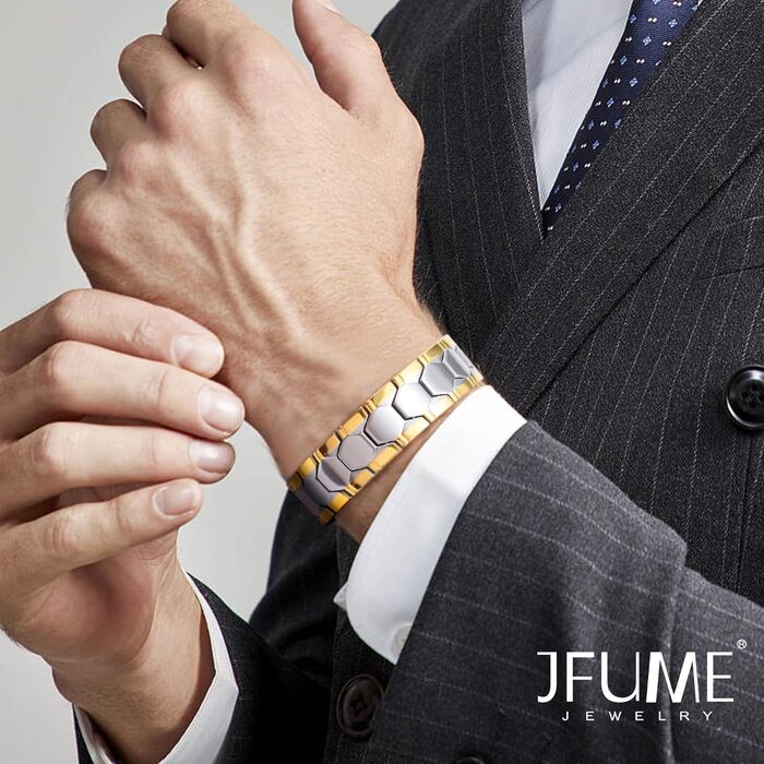 Браслет на магніті JFUME для чоловіків, 18K позолота, подвійна срібна магнітна нитка, інструмент для зняття ланок, регульований 21.5 см