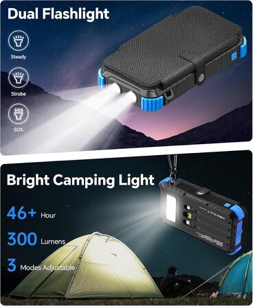 Powerbank Solar 26800mAh з USB-C, 5 виходів, водонепроникний, з карабіном та ліхтариком, для кемпінгу, телефонів та планшетів (блакитний)