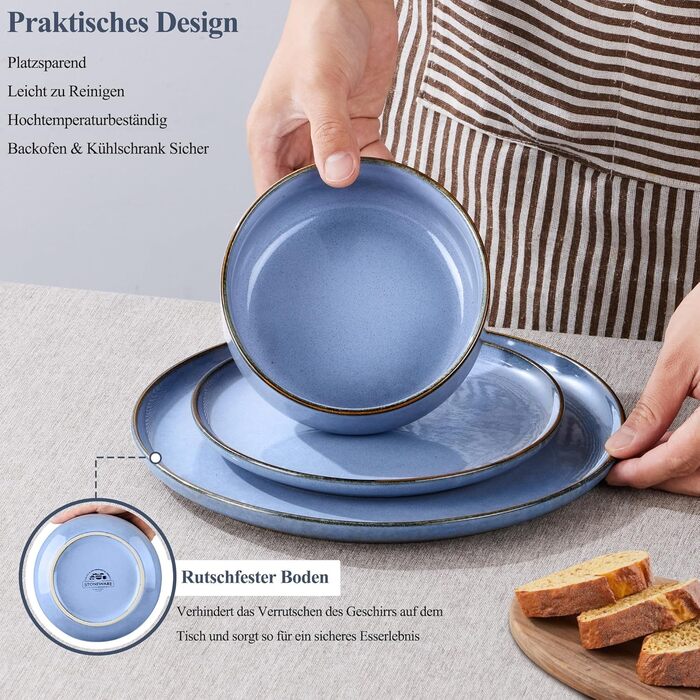 Набір посуду Joyfair на 6 осіб, 18 предметів: тарілки для їжі, десертні тарілки, миски для каші, з реактивною глазур'ю, для мікрохвильової печі та посудомийної машини (Ozean Blau)