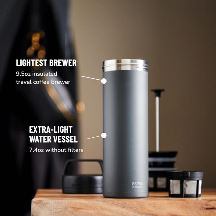 Французький прес ESPRO P0 Ultralight 470 мл, термокружка з нержавіючої сталі, вакуумізольована, для кави, подорожей, кемпінгу, Gun Metal Grey