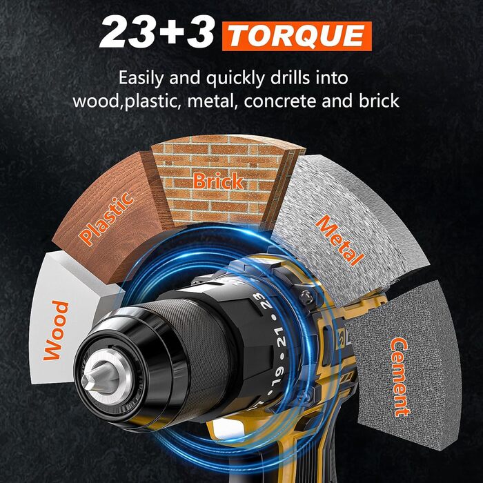 Акумуляторний шуруповерт 21V з набором 2 акумулятори 2.0Ah, 55Nm, 23+3 ступені, 10мм патрон, 2 швидкості, LED-ліхтик, 24шт аксесуарів та кейс для дому та саду