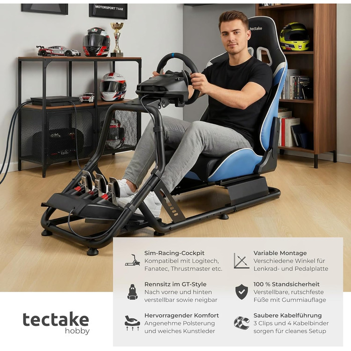 Ігровий симулятор Sim Racing Cockpit tectake® для Fanatec, Logitech, Thrustmaster, регульоване гоночне крісло GT-Style, сталевий каркас, до 120 кг (Чорний/Лазурний)