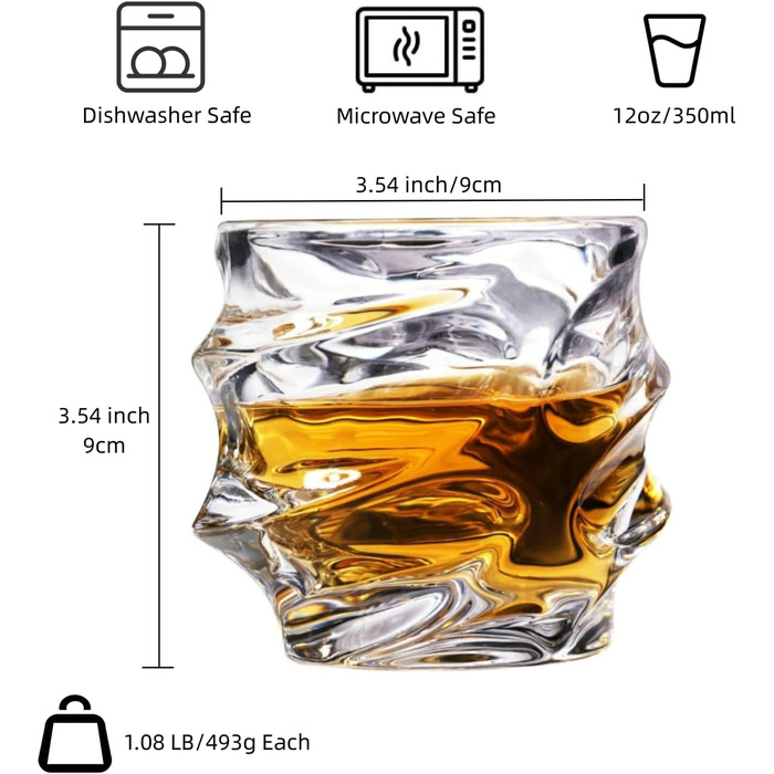 GLASKEY Crystal Whiskey Glasses Set of 4 - 350ml Lead-Free Crystal Glasses for Whiskey, Rum, Vodka, Scotch, Gin, Cognac, Water - Dishwasher Safe