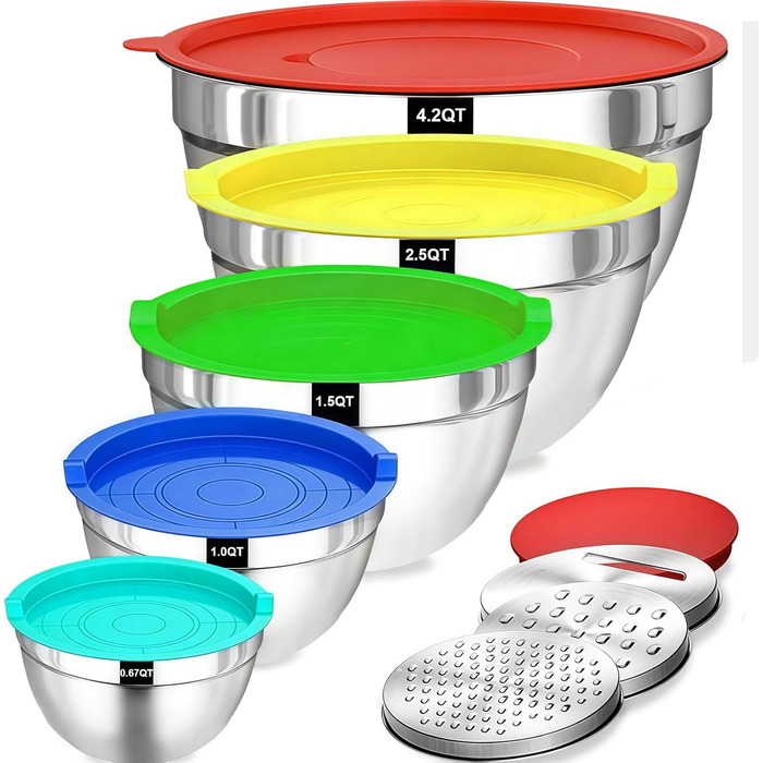 Набір місок з нержавіючої сталі 5 шт. з кришками – 4.5L/2.7L/1.6L/1.1L/0.7L – з 3 тертками, неслизькі та стіклі, придатні для миття в посудомийній машині для кухні та випічки