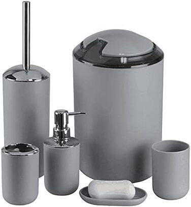 Комплект аксесуарів для ванної кімнати на 6 предметів: дозатор для мила, мильниця, тримач для зубних щіток, стакан для ополіскування, тримач для унітазу, сміттєвий бак (сірий)