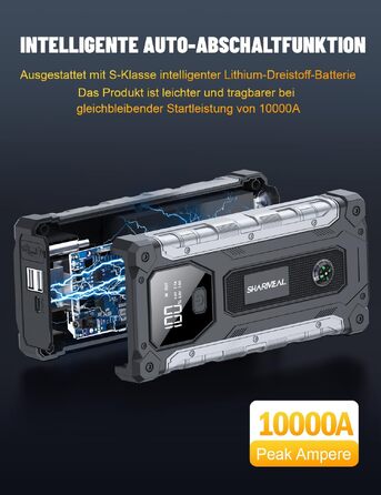 Бустер для автомобіля SHARMEAL 10000A: Потужний пусковий пристрій (Jump Starter) 12V для бензинових та дизельних двигунів до 10.0 л, з LCD-дисплеєм та LED-ліхтарем