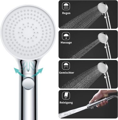 MIAOHUI Shower Head, Pressure-Boosting, Handheld Shower with 3 Spray Patterns, Water-Saving High-Pressure Shower Head with Water Stop Function, Shower Head with Hose and Teflon Tape (Chrome)