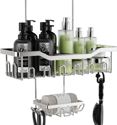 ZUIMENG Shower Shelf, 3 Tier Shower Caddy, No Drilling Shower Shelf, Bathroom Shelf Shower Basket Hanging, Shampoo Holder Shower Hanging Shelf for Glass Door Shower Wall with Soap Dish and Hooks (Silver)