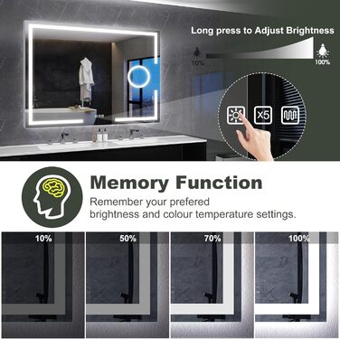 Дзеркало для ванної кімнати S'bagno з підсвічуванням 100x70 см, 5x збільшення, LED, алюмінієва рама, протитуманне покриття, 3 кольори, диммування, пам'ять, HD скло, IP44, без Bluetooth