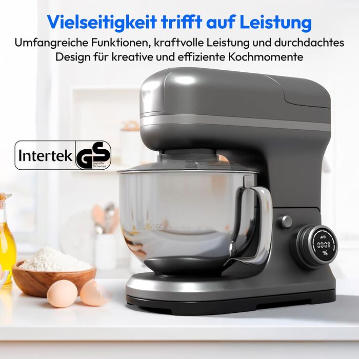 Кухонна машина MEDION MD18430: 3-в-1 (міксер, м'ясорубка, тістоміс), 5 л чаша з нержавіючої сталі, 1200 Вт, цифровий дисплей, чаша для льоду, титан