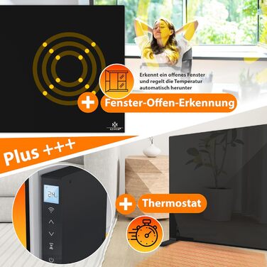 Інфрачервовий обігрівач KESSER® з функцією 2 в 1: підлоговий та настінний. Економний електрообігрівач з термостатом, датчиком відчинених вікон, пультом та керуванням через додаток (500W, чорний)