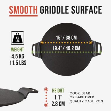 Chef Pomodoro Cast Iron Grill Pan – Cast Iron Grill Pan for Stove, Grill, Oven & Campfire – Cast Iron Pan - Pizza Pan Baking Sheet Round - Grill Plate Gas Grill - Cast Iron Pan for Gas Grill (38 cm)