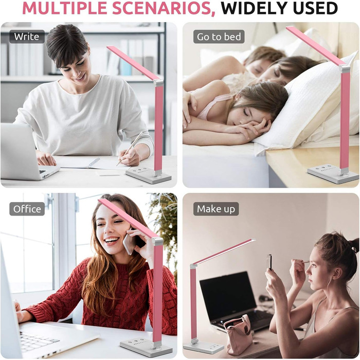 LED лампа настільна дитяча регульована рожева з акумулятором 2500mAh, 5 кольорів, 10 рівнів яскравості, сенсорне управління, складана