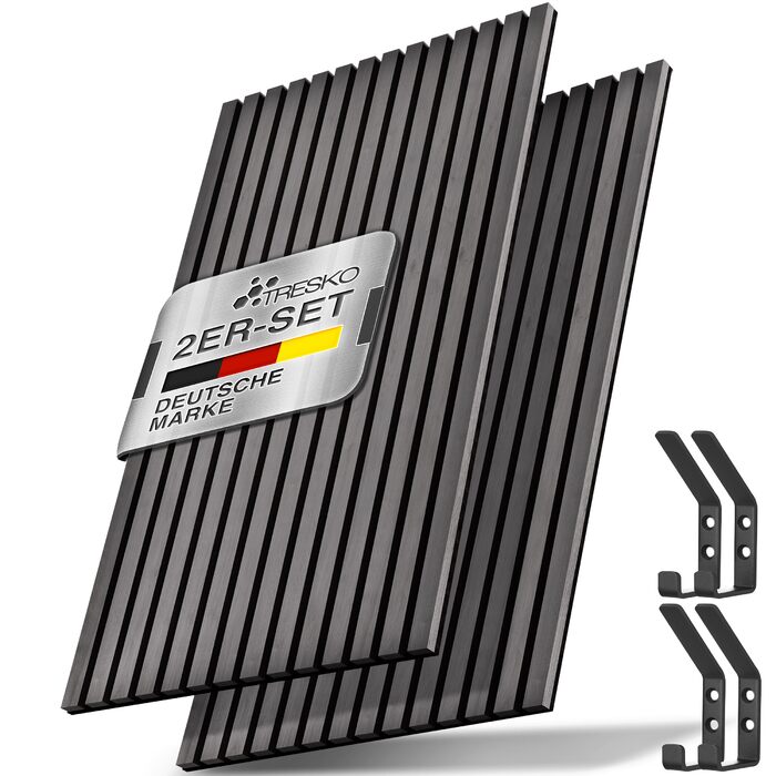 Акустичні панелі TRESKO з дерева 120×60x2,1 см, 2 шт. — 3D стінові ламелі для шумоізоляції, колір Дуб Антрацит, з набором для монтажу та 4 вішаками