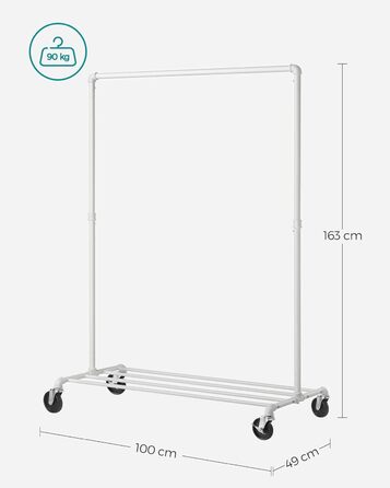 SONGMICS Clothes Rack, Garment Rod, with Wheels, Load Capacity up to 90 kg, Coat Rack with 1 Garment Rod and Shelf, Industrial Design, for Bedroom, Laundry Room, HSR61BK (White)