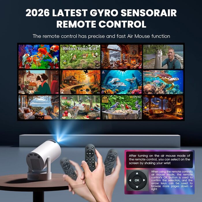 Портативний проєктор Mini Beamer 4K/1080p з Wi-Fi 6 та Bluetooth 5.4. Keystone 180°, сумісний з HDMI, TV Stick, Memory Stick, Laptop. Колір: Бежевий