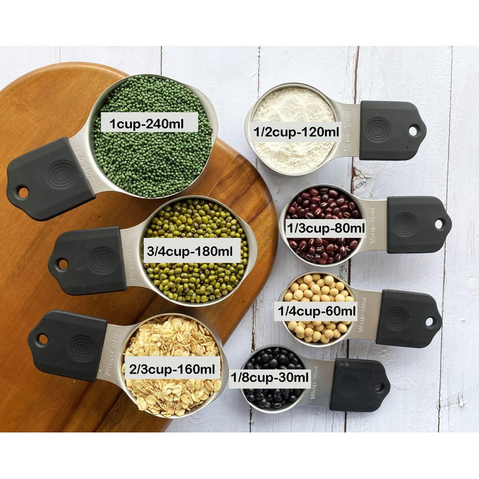 Magnetic kitchen collection of 14 measuring cups and spoons set made of stainless steel for dry and liquid ingredients, dishwasher safe, rust-proof, imperial and metric (black color)