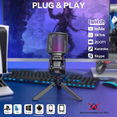 Zealsound USB Мікрофон для ПК та телефону – RGB, з регулюванням гучності, поп-фільтром, тримачем, та 2 адаптерами для подкастів, стрімінгу, Discord, YouTube, TikTok A68