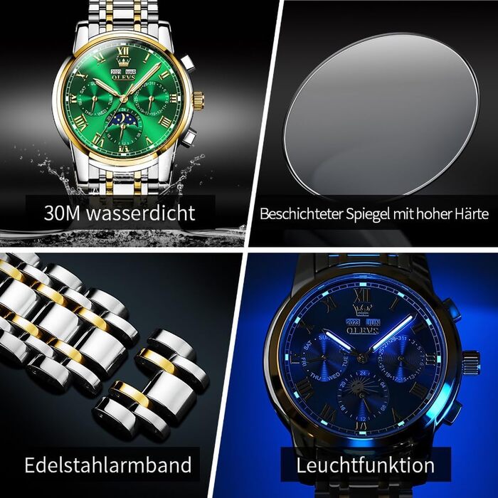 Чоловічий механічний годинник OLEVS з автопідзаводом, золотисто-сріблястий сталевий браслет, зелений циферблат, фаза місяця, водонепроникний, бізнес-клас