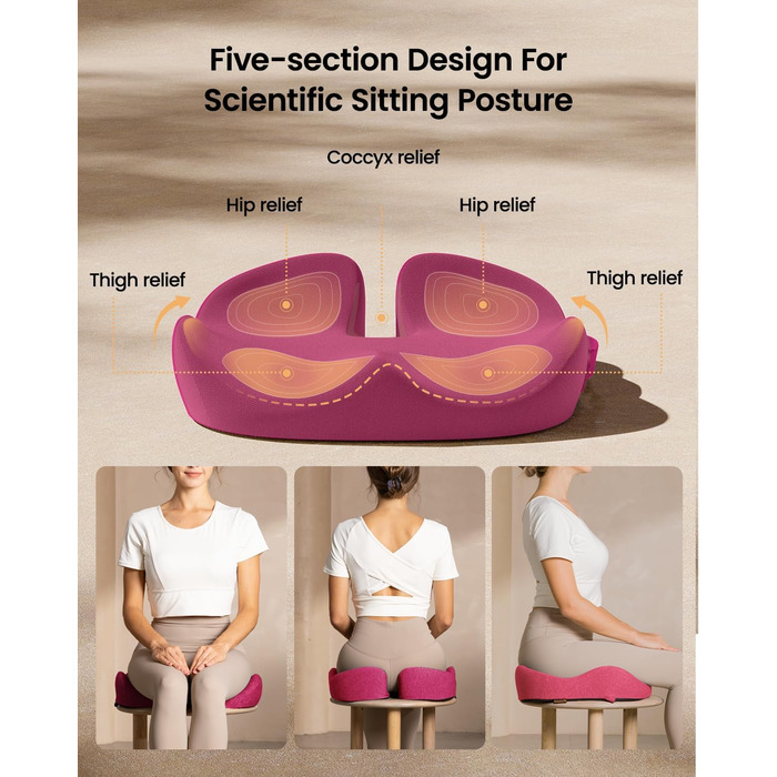 Ортопедична подушка для сидіння ProtoArc для офісного крісла: ергономічна, з піною Memory Foam, для рівномірного розподілу тиску, для комфорту протягом дня (Рожева, велика)
