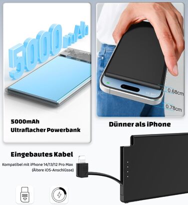 Power Bank Auskang 5000mAh Slim з кабелем для iPhone (до iPhone 14) - Чорний