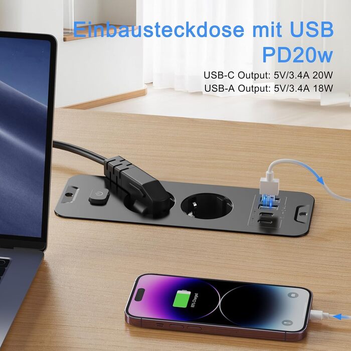 Мережевий адаптер 5-портовий з індивідуальним вимикачем, з 2 USB-A та 2 USB-C, розподільчий блок живлення 5-портовий з вимикачем, мережева стрічка з кріпленням на стіну та 2м кабелем, PD 20W - (2 розетки, 4 USB, чорний)