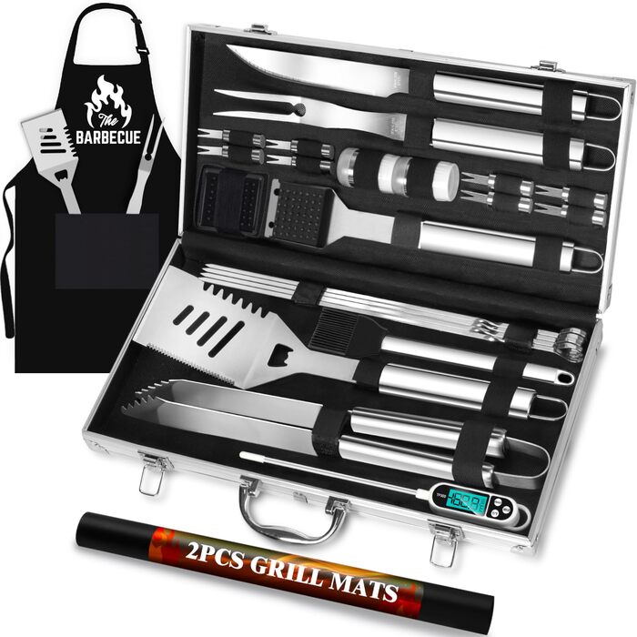 Набір інструментів для грилю ROMANTICIST 31 шт. з нержавіючої сталі, міцний аксесуар для грилю для чоловіків та жінок, набір кухонного приладдя з термометром у алюмінієвому кейсі для відпочинку на природі, кемпінгу, срібний