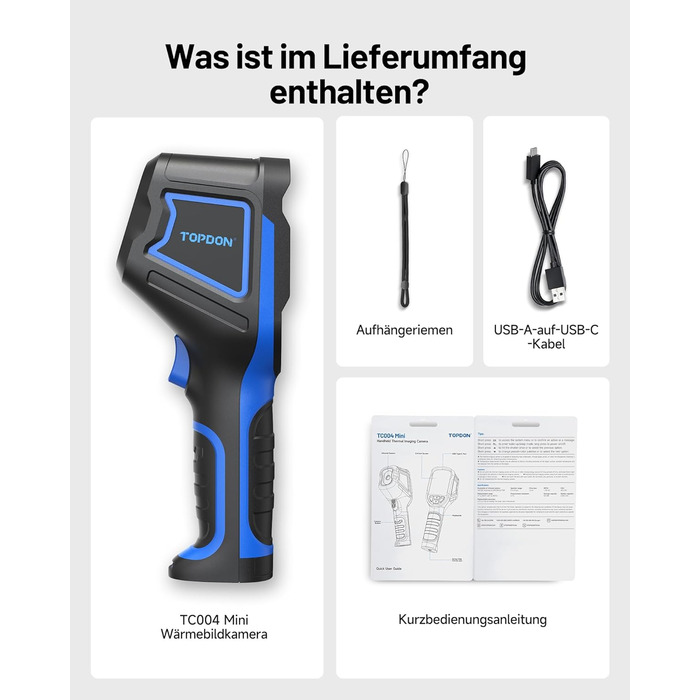 TOPDON TC004 Міні тепловізор, 240x240 IR-роздільна здатність, ручний тепловізійний прилад, 15 годин роботи від акумулятора, частота оновлення 25 Гц, діапазон температур -20℃ до 450℃, високий/низький температурний тригер, чорно-синя палітра