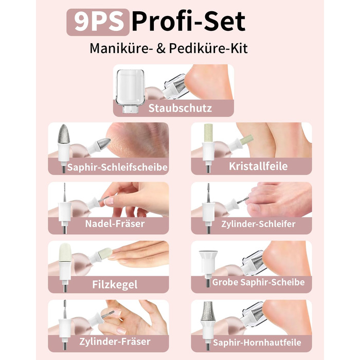 Електричний набір для манікюру та педикюру AOMEES з 9 насадками, LED-підсвічуванням та сумкою (Champagnergold)