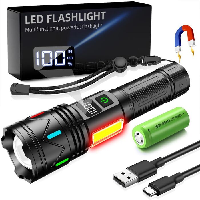 Повторно заряджувана тактична ліхтарик з USB, Zoom, IP67, 11 режимів, 26650 акумулятор для дому, відпочинку, надзвичайних ситуацій та патрулювання