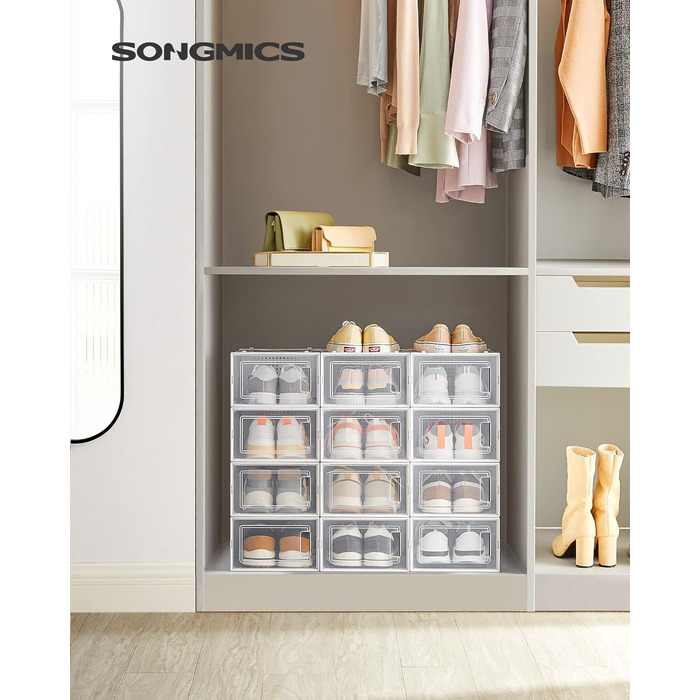 SONGMICS Shoe Boxes, 12-Piece Set, Plastic Shoe Organizer, Foldable and Stackable, for Shoes up to Size 44, Transparent-White LSP12SWT