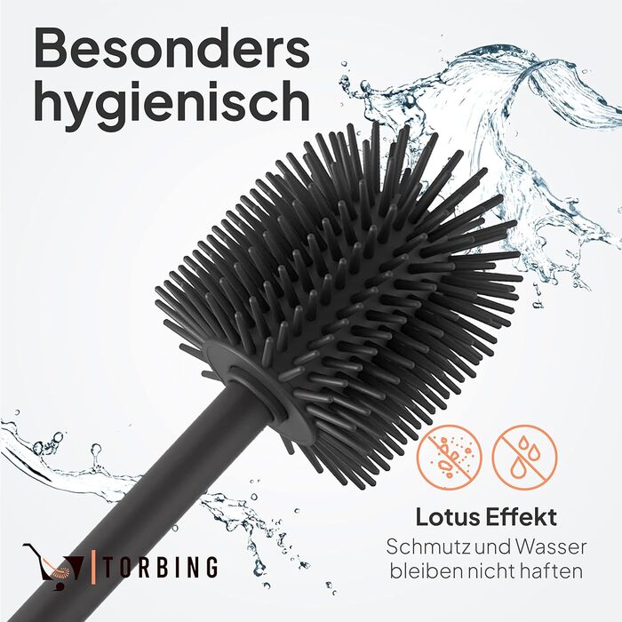 Тойлетний щітка TORBING Design з нержавіючої сталі з закритим тримачем - щітка для унітазу з силікону з ефектом лотоса - сучасний дизайн, елегантні кольори, подовжений ручка (Brushed Steel Silver)
