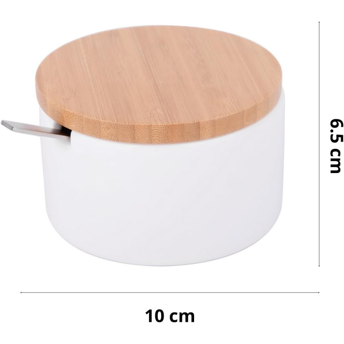 Керамічна цукерниця з ложкою та кришкою з бамбука - цукерниця для дому та кухні, сучасна куляста форма, для цукру, сиру, спецій, 10 x 10 x 9 см (біла кругла)