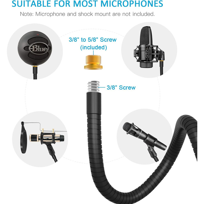 Кріплення для мікрофону Zealsound: регульований штатив-ластик з кріпленням, адаптер 3/8' - 5/8', міцна клямка для столу, сумісний з Blue Snowball, Ice, Spark, SoloCast, 13 дюймів