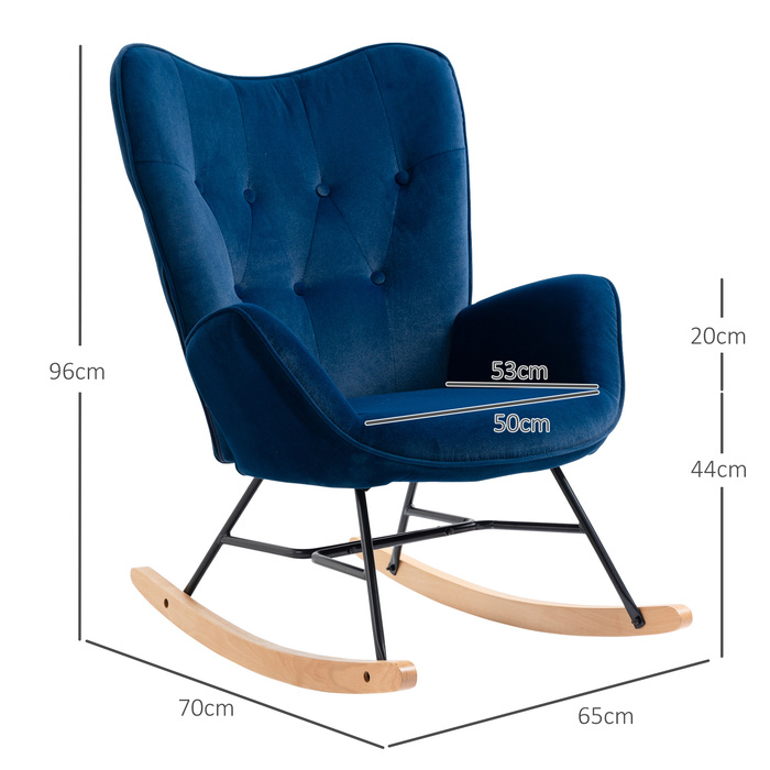 Крісло-гойдалка HOMCOM з капюшоном Rocking Chair Великий комфорт Підлокітники Сидіння Спинка оббита високощільним оксамитом Синій | Aosom