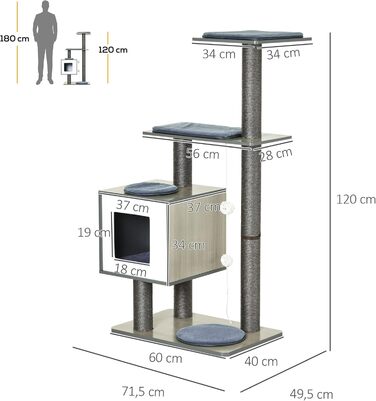 Дерев'яний комплекс для котів PawHut з гамаком, 230-250 см, сірий+кремовий, з захистом від перекидання