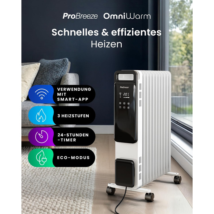 Розумний електричний масляний радіатор Pro Breeze 2500W, 11 секцій, з керуванням через Wi-Fi/App, термостатом, таймером на 24г та сенсорним дисплеєм, білий
