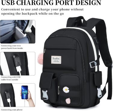 Шкільний рюкзак YAMTION для підлітків, 15.6 дюймів, чорний. Підходить для школярів, студентів середньої та вищої школи.