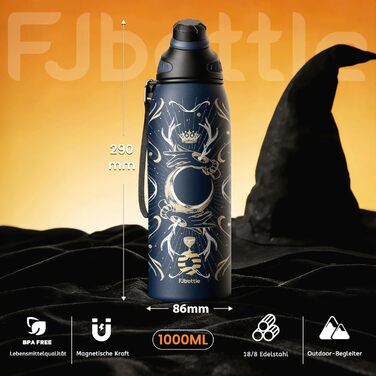 Фляга спортивна Fjbottle 1000 мл з нержавіючої сталі з магнітною кришкою, BPA-free, термоізольована для школи, фітнесу