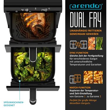 Фритюрниця Arendo XXL Dual Zone з 2 камерами – 11,4 л, 13 програм, 3D циркуляція повітря, BPA-free, функція Sync & Match