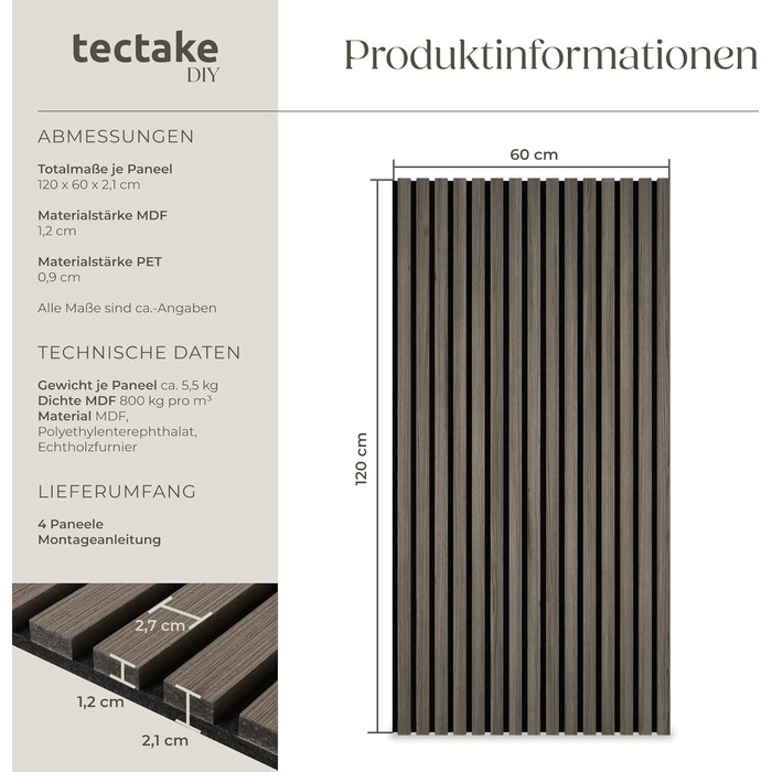 Акустичні 3D-панелі tectake для стін 120 x 60 x 2,1 см, звукопоглинаючі панелі під дерево для вітальні та кухні, шумоізоляція (набір 4 шт, дуб сірий)