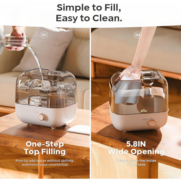 Зволожувач повітря BEAR 5L з верхнім наповненням, 360° регульована насадка, ультразвуковий, 28dB, для дітей та рослин, 35 годин роботи, з підсвічуванням, автовимкнення, білий